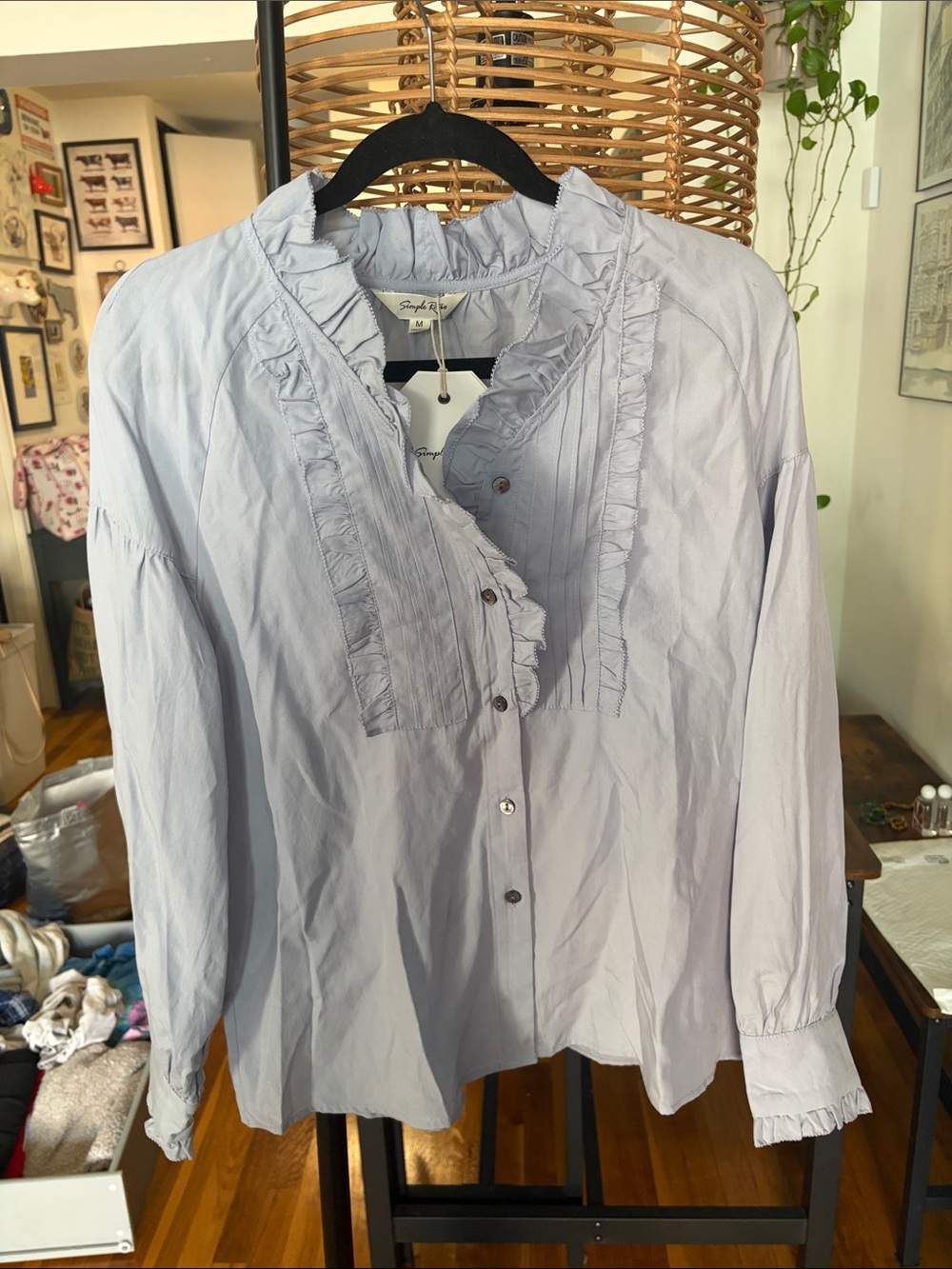 Pale Blue Ruffle-Trim Button Front Blouse